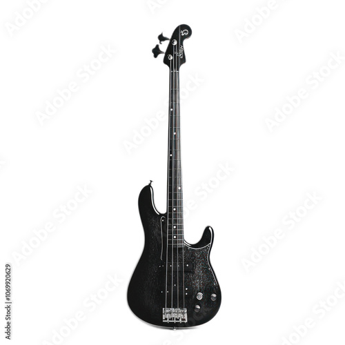 Elegant Black Bass Guitar Isolated on White Background