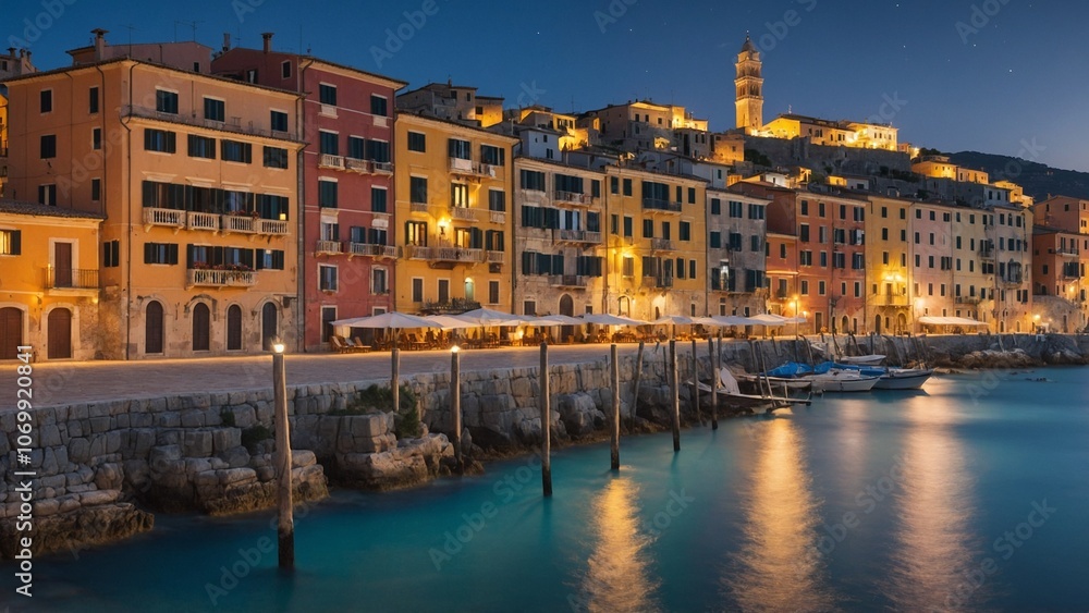 Illuminated Italian coastal town waterfront at night Illuminated Italian coastal town waterfront at night