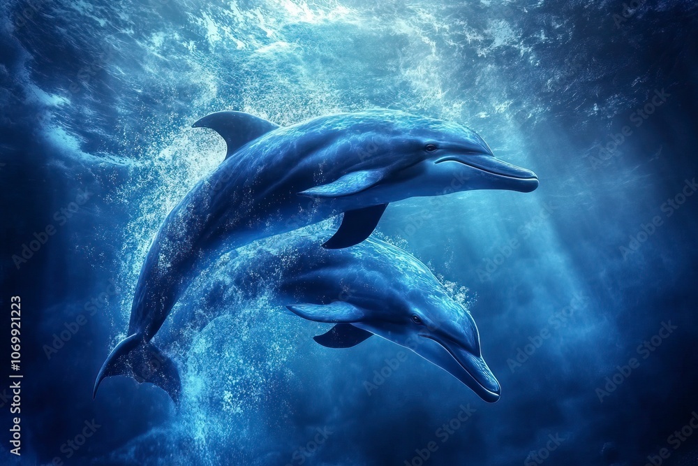 Fototapeta premium dauphins in blue ocean, drone fpv view.generative ai