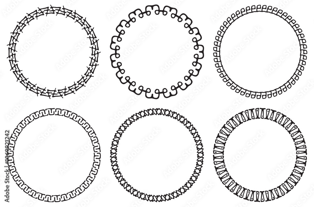 Set of decorative lace tribal frames. Openwork circle ethnic ornate. Geometric round frame border on white background. Mayan style pattern. Vector illustration Set of decorative lace tribal frames. Openwork circle ethnic ornate. Geometric round frame border on white background. Mayan style pattern. Vector illustration