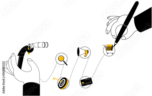 User with binoculars looking at path with different icons. Vector illustration on customer journey theme.