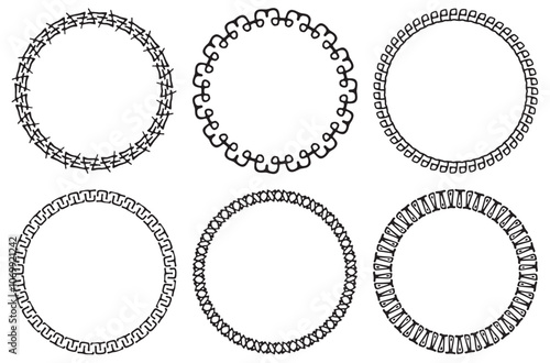 Set of decorative lace tribal frames. Openwork circle ethnic ornate. Geometric round frame border on white background. Mayan style pattern. Vector illustration