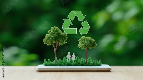 A miniature display with trees and a recycling symbol emphasizes sustainability and eco-friendliness in a green environment.