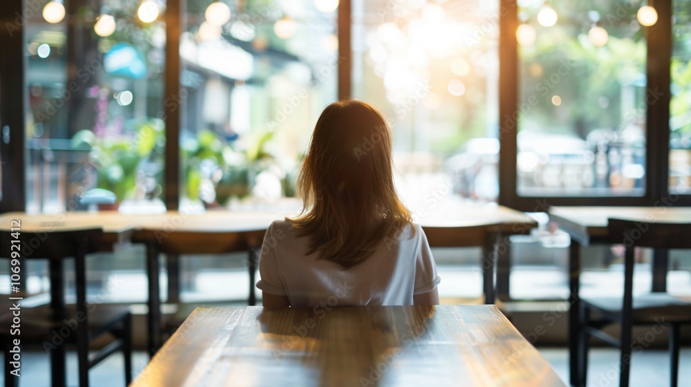 Solitary figure in modern empty cafe, staring out window with distant look, symbolizing social loneliness and introspection in urban life. Solitary figure in modern empty cafe, staring out window with distant look, symbolizing social loneliness and introspection in urban life.