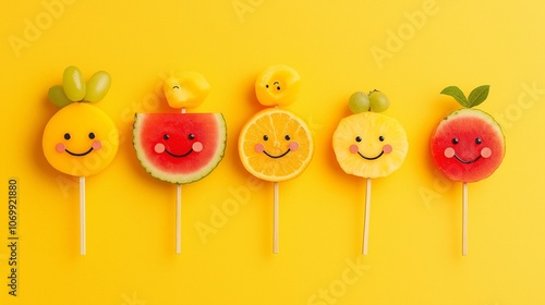 Colorful fruit skewers with smiling faces on a bright yellow background, creating a cheerful and playful food presentation.