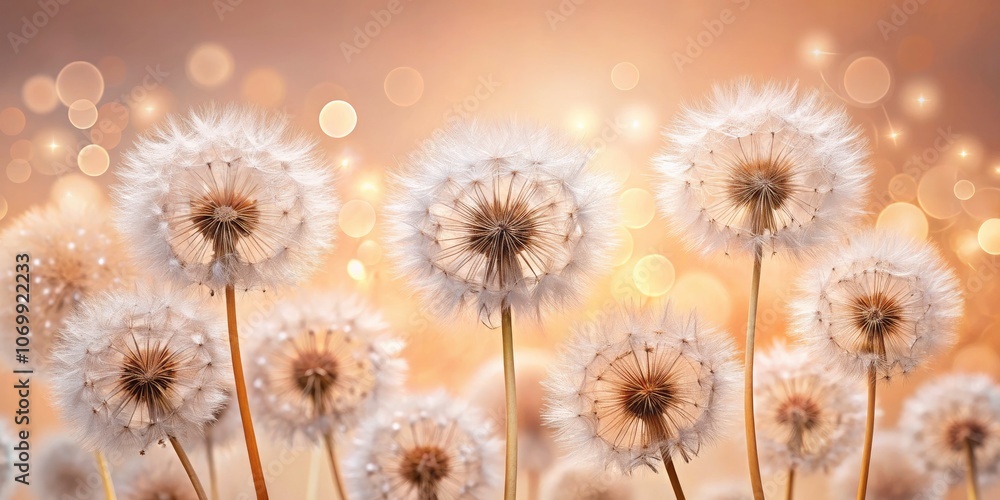 Obraz premium Fluffy Dandelions Closeup on Peach Background for Wallpaper | Nature Photography | Floral Aesthetic | Soft Textures | Spring Vibes | High-Resolution Image | Home Decor Inspiration