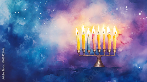 Watercolor menorah with candles glowing in colorful background photo