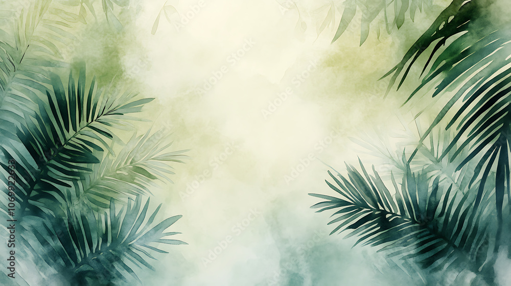 Watercolor background with palm leaves and tropical foliage creating serene atmosphere Watercolor background with palm leaves and tropical foliage creating serene atmosphere