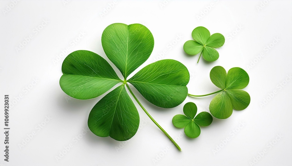 A delicate four-leaf clover with vibrant green leaves on an isolated white background. A delicate four-leaf clover with vibrant green leaves on an isolated white background.