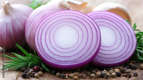 Red onion, rosemary, and peppercorns on a wooden table.