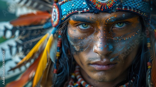 Intense Portrait of a Native American Warrior in Traditional Headdress photo