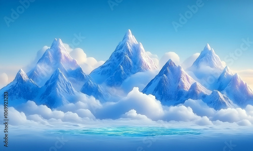 Majestic snowy mountains rise above the clouds, with a glistening lake reflecting the serene sky.