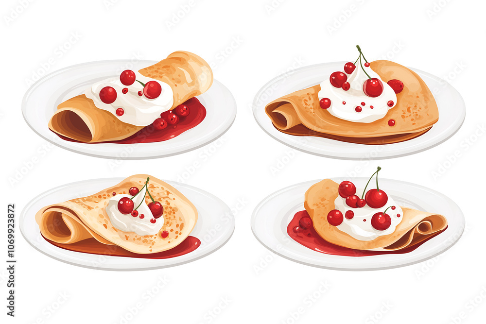 Sweet breakfast Rolled crepes filled with cream, stack pancakes poured with red syrup isolated on transparent png background. Sweet breakfast Rolled crepes filled with cream, stack pancakes poured with red syrup isolated on transparent png background.