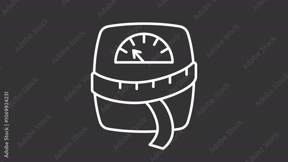 Weight control white line animation. Animated floor scale and sewing tape icon. Dieting and weight loss concept. Isolated illustration on dark background. Transition alpha video. Motion graphic Weight control white line animation. Animated floor scale and sewing tape icon. Dieting and weight loss concept. Isolated illustration on dark background. Transition alpha video. Motion graphic