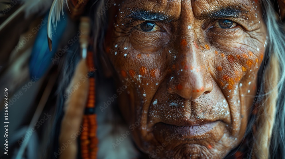 Close-up Portrait of a Native American Man in Traditional Headdress Close-up Portrait of a Native American Man in Traditional Headdress