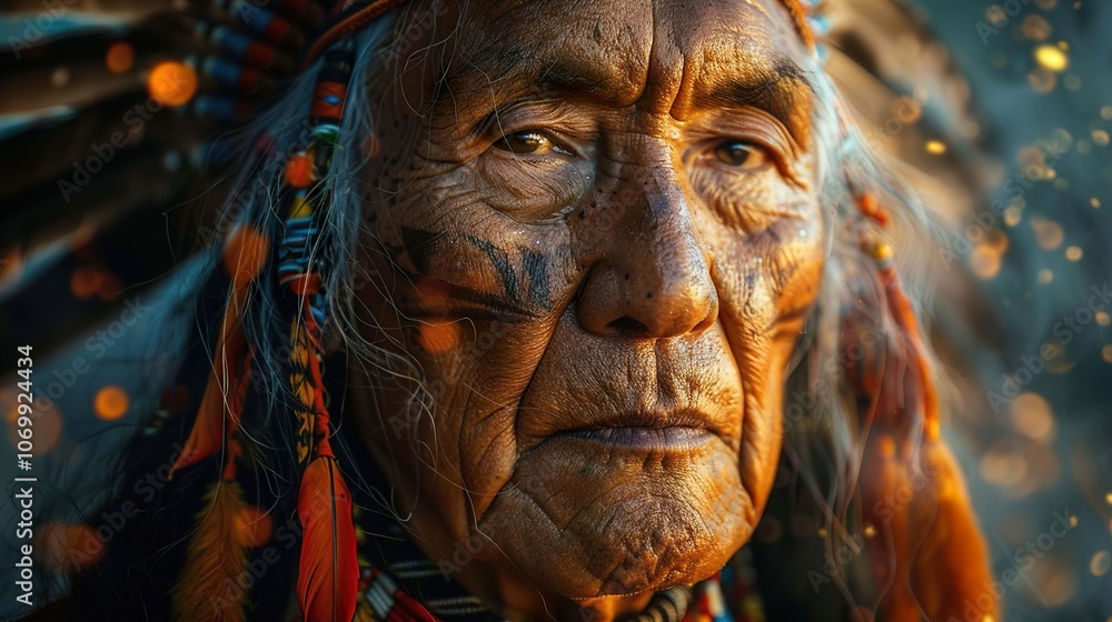 Close-Up Portrait of a Native American Elder in Traditional Headdress Close-Up Portrait of a Native American Elder in Traditional Headdress