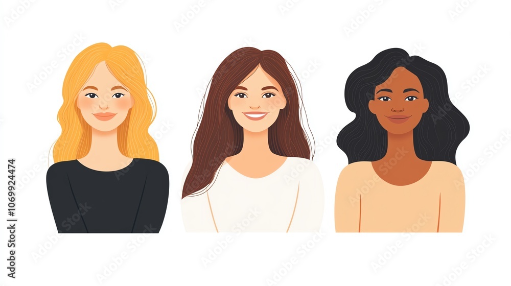 Three diverse women smiling and looking at the viewer. Three diverse women smiling and looking at the viewer.