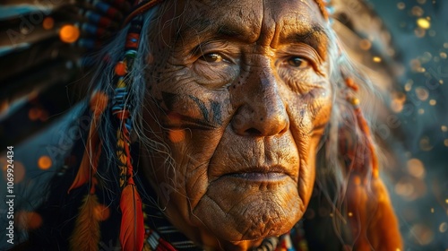 Close-Up Portrait of a Native American Elder in Traditional Headdress