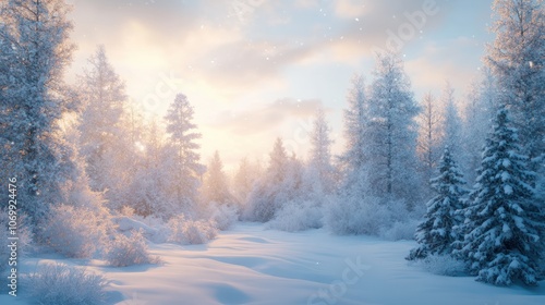 Snowfall in winter forest.Beautiful landscape with snow covered fir trees and snowdrifts.Merry Christmas and happy New Year greeting background with copy-space.Winter fairytale.