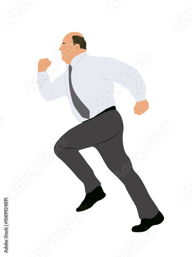 Senior business man wearing formal outfit running side view. Aged male character in white shirt and tie in hurry for success. Realistic vector illustration isolated on transparent background