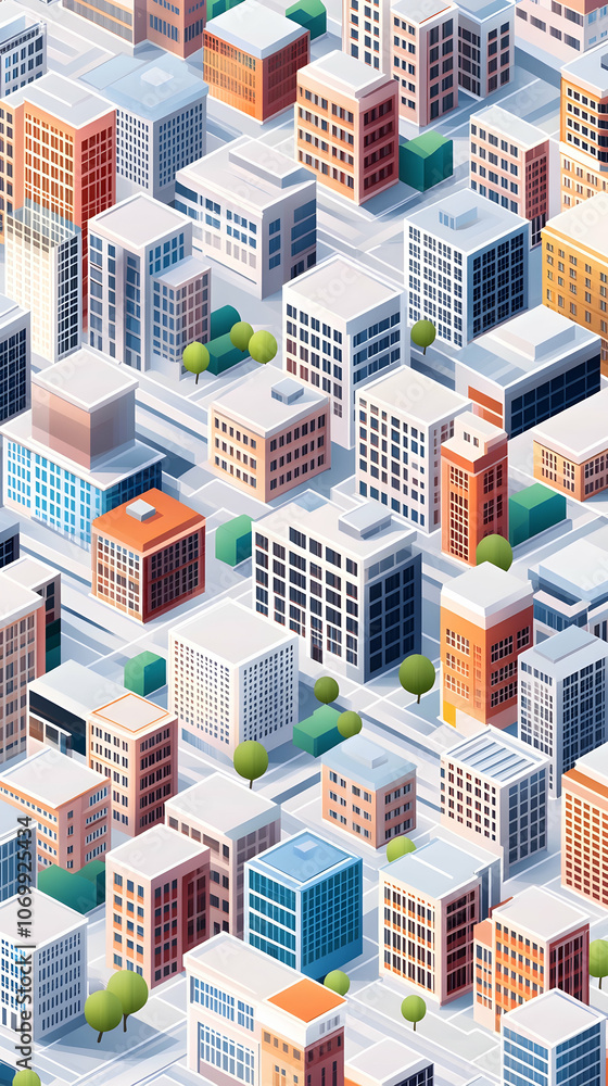 An isometric view of a city with buildings, streets, and trees. An isometric view of a city with buildings, streets, and trees.