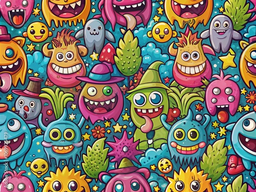 Whimsical Seamless Pattern Featuring Cute Cartoon Expressive Monsters in Graffiti Style, Perfect for Unique Designs and Colorful Backgrounds with Plenty of Copy Space