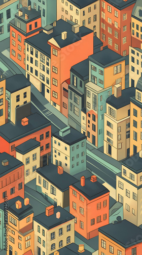 Colorful isometric illustration of a city with buildings and streets.