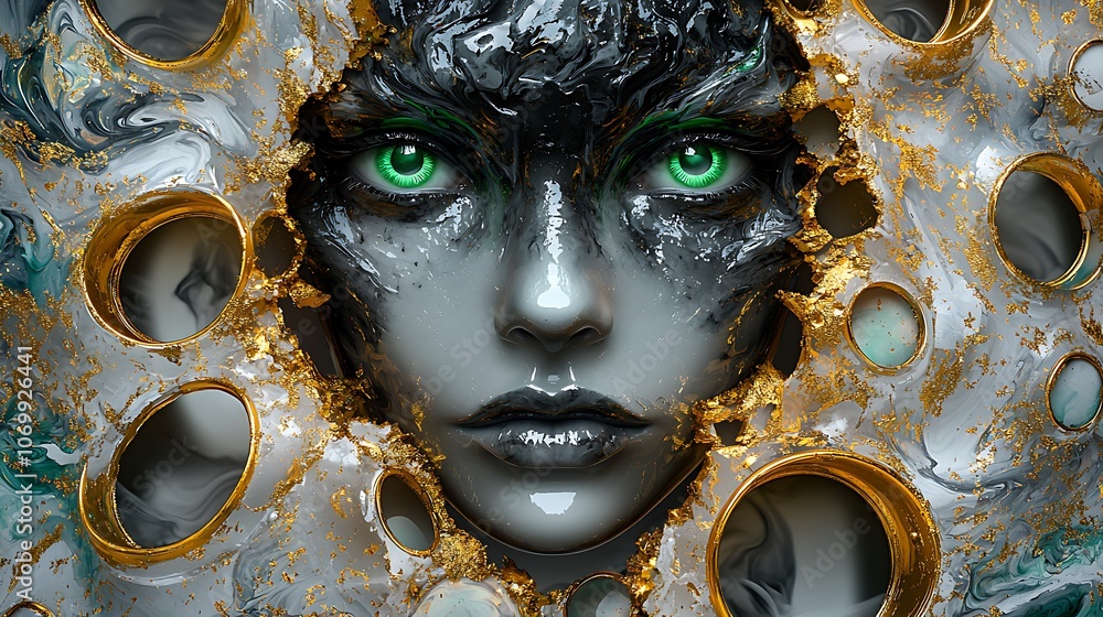 Abstract Female Face with Green Eyes  Gold  and Marble