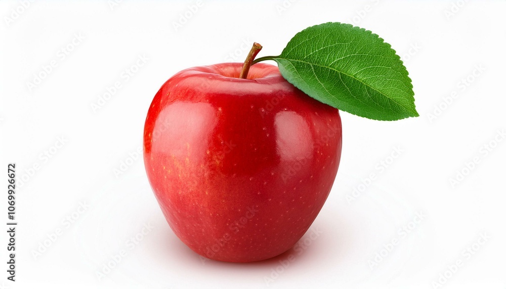 A lone red apple with a perfect green leaf on an isolated white background. A lone red apple with a perfect green leaf on an isolated white background.