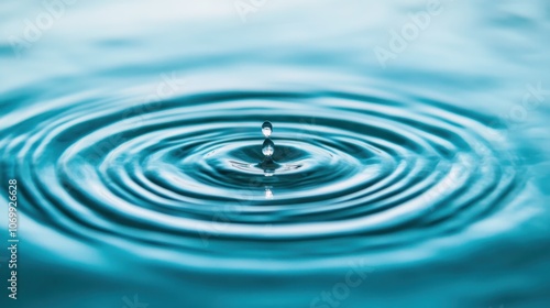 A close-up image of water ripples, showcasing a single droplet creating beautiful circular patterns in a tranquil blue surface.