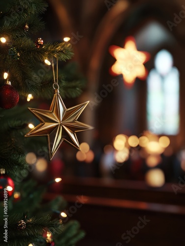 Traditional Christmas service background with a Christmas tree and star photo