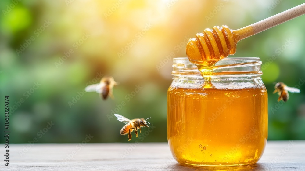 A close-up of honey in a jar with a wooden dipper and bees buzzing nearby, capturing the essence of nature and sweetness. A close-up of honey in a jar with a wooden dipper and bees buzzing nearby, capturing the essence of nature and sweetness.