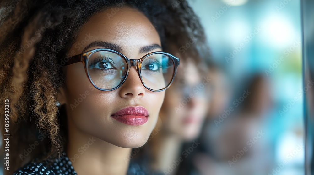 Young woman in glasses looking forward with determination. Young woman in glasses looking forward with determination.