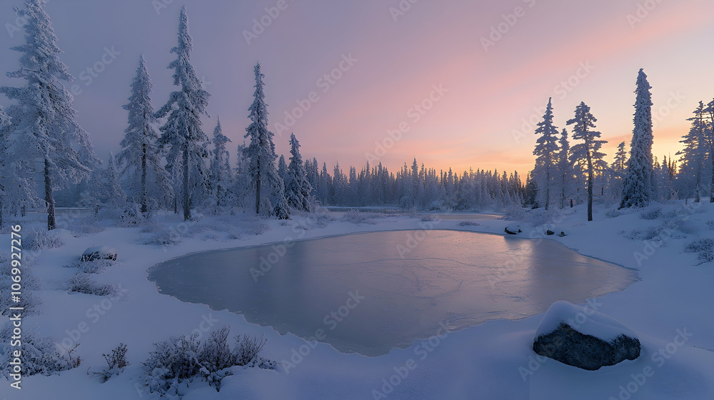Fototapeta premium A frozen lake surrounded by snow-covered pine trees, with a pink and purple sky in the background.