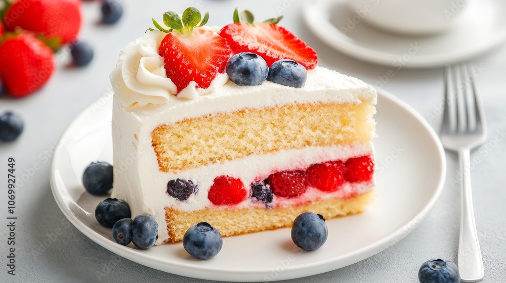 A delicious slice of cake topped with fresh strawberries, blueberries, and whipped cream, perfect for dessert lovers. A delicious slice of cake topped with fresh strawberries, blueberries, and whipped cream, perfect for dessert lovers.