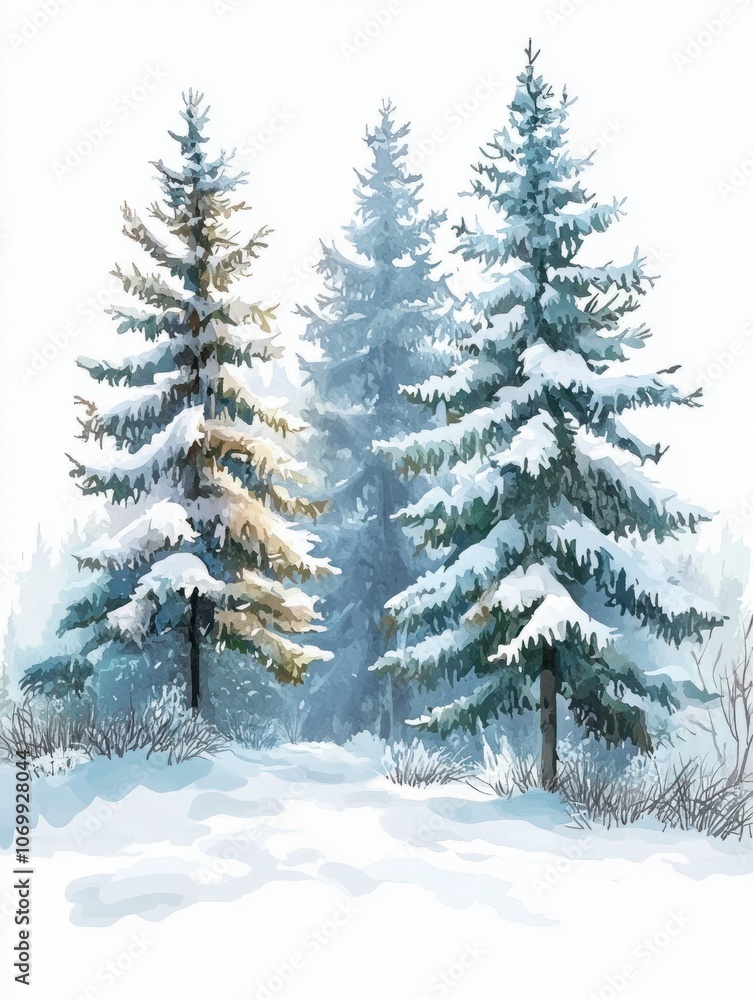 Fototapeta premium Watercolor winter coniferous trees forest. Serene snowy scene, landscape with snow covered pines