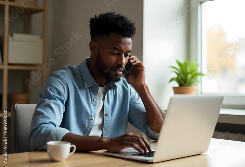 Young African American man in business casual outfit working in bright and airy office next to the windows at his white desk