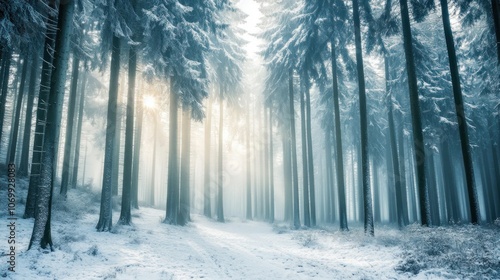 A serene winter forest scene with snow-covered trees and soft sunlight filtering through.