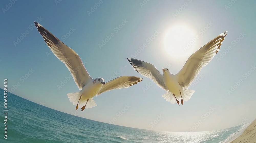 Two seagulls soaring above the ocean with the sun shining brightly in the background. Two seagulls soaring above the ocean with the sun shining brightly in the background.