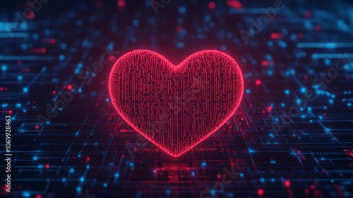 A glowing digital heart symbol amidst a vibrant, technological backdrop, representing love and connectivity in a modern world.