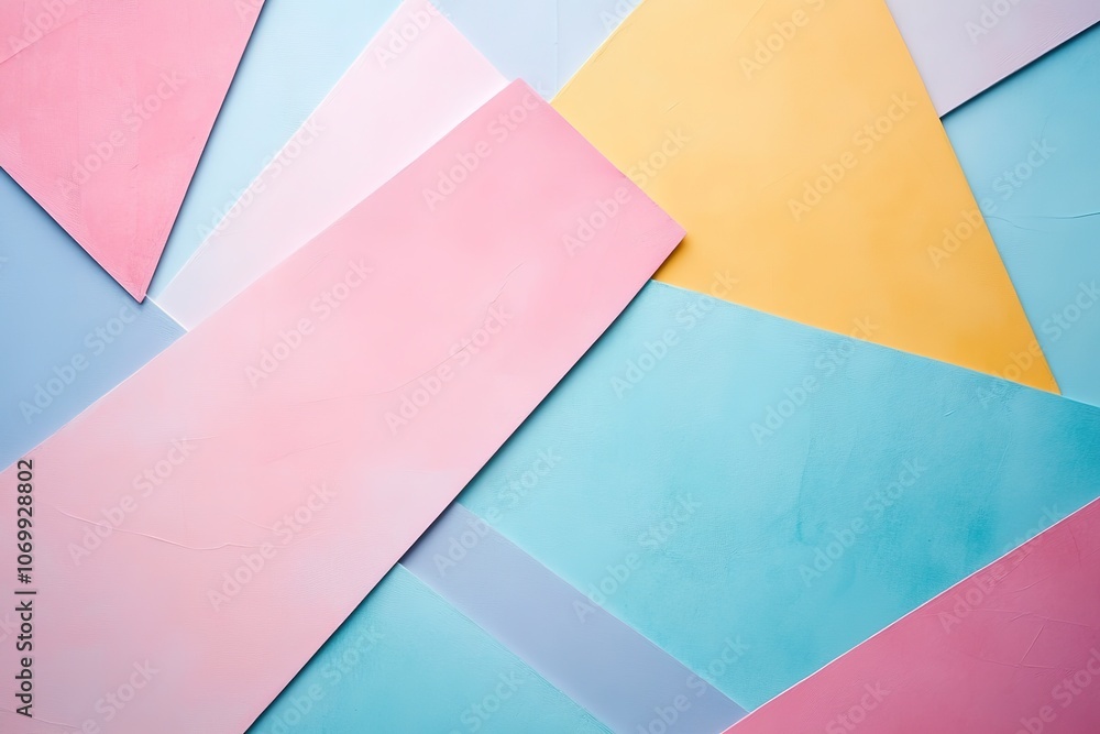 Fototapeta premium Colorful paper sheets in a geometric layout on blue background