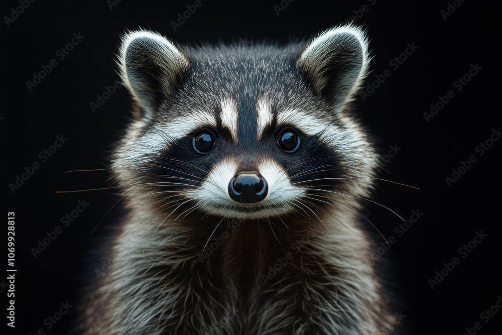 Captivating close-up of a raccoon's face against a dark background, highlighting its expressive eyes and characteristic facial markings. Captivating close-up of a raccoon's face against a dark background, highlighting its expressive eyes and characteristic facial markings.