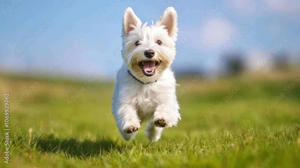 A playful dog joyfully runs through a lush green field under a clear blue sky, radiating happiness and energy. A playful dog joyfully runs through a lush green field under a clear blue sky, radiating happiness and energy.