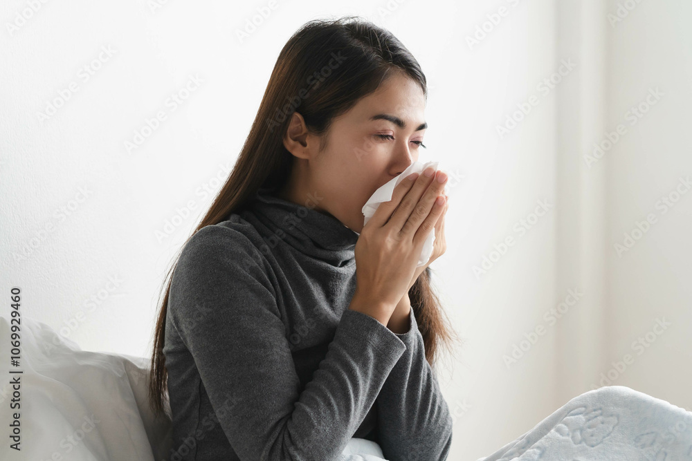 close up young girl using tissue paper stop runny nose symptom on the bed at home. close up young girl using tissue paper stop runny nose symptom on the bed at home.