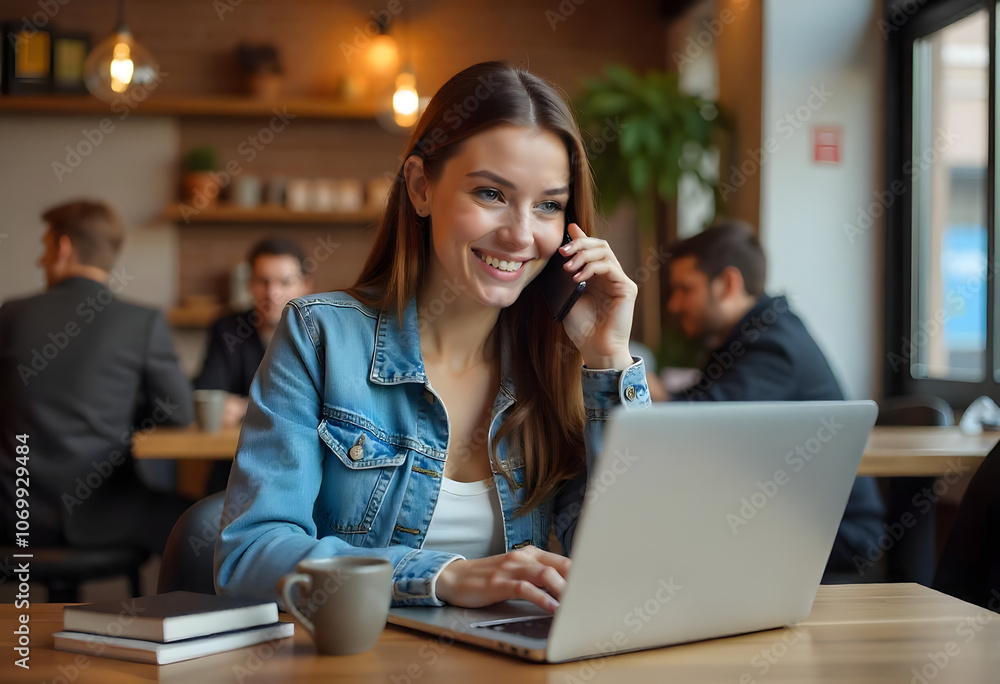Young woman, age 20, working from a coffee shop inside of a bright space and working on her laptop while talking on the phone Young woman, age 20, working from a coffee shop inside of a bright space and working on her laptop while talking on the phone