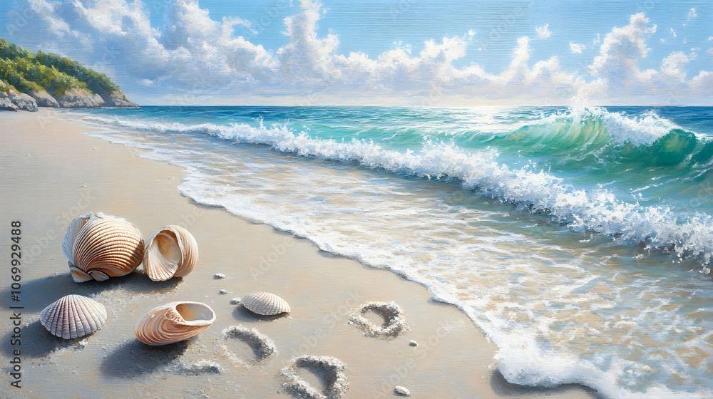 Seashells lie on a pristine sandy beach with foamy waves crashing in the distance, under a bright blue sky with puffy white clouds. Seashells lie on a pristine sandy beach with foamy waves crashing in the distance, under a bright blue sky with puffy white clouds.