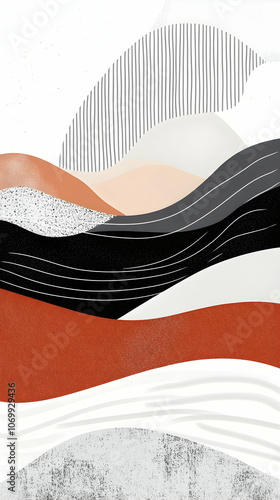 Abstract art with a minimal design, featuring a white background with abstract lines in black, grey, and brown shades.