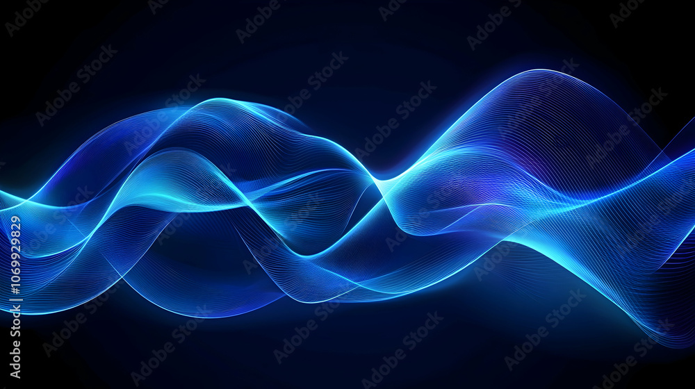 Fototapeta premium Abstract blue glowing wave on a dark background.