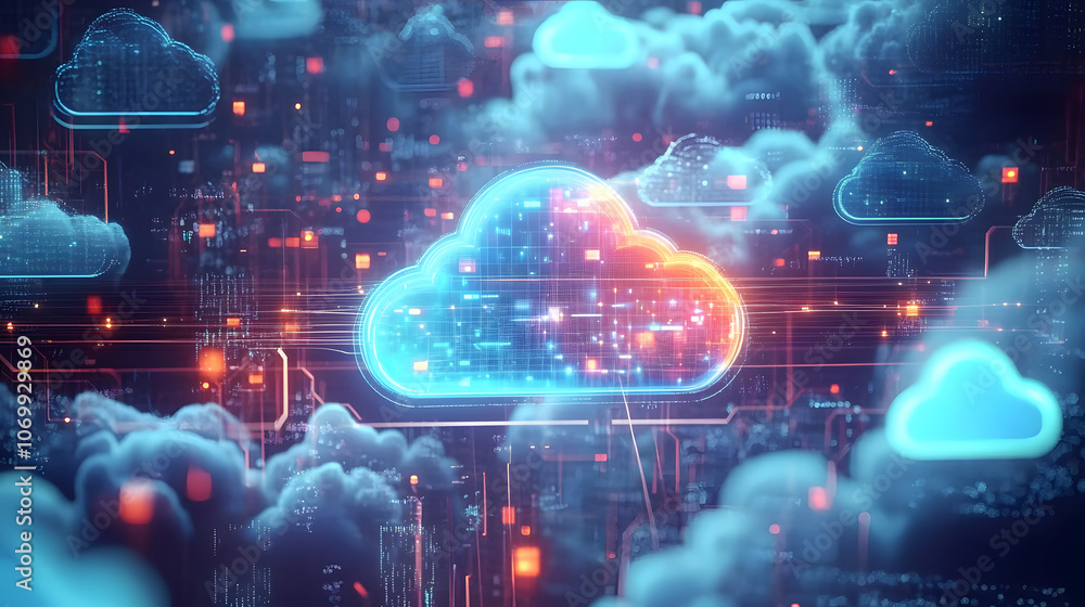 Obraz premium Futuristic cloud computing imagery with glowing data connections and abstract digital elements representing technology concepts.