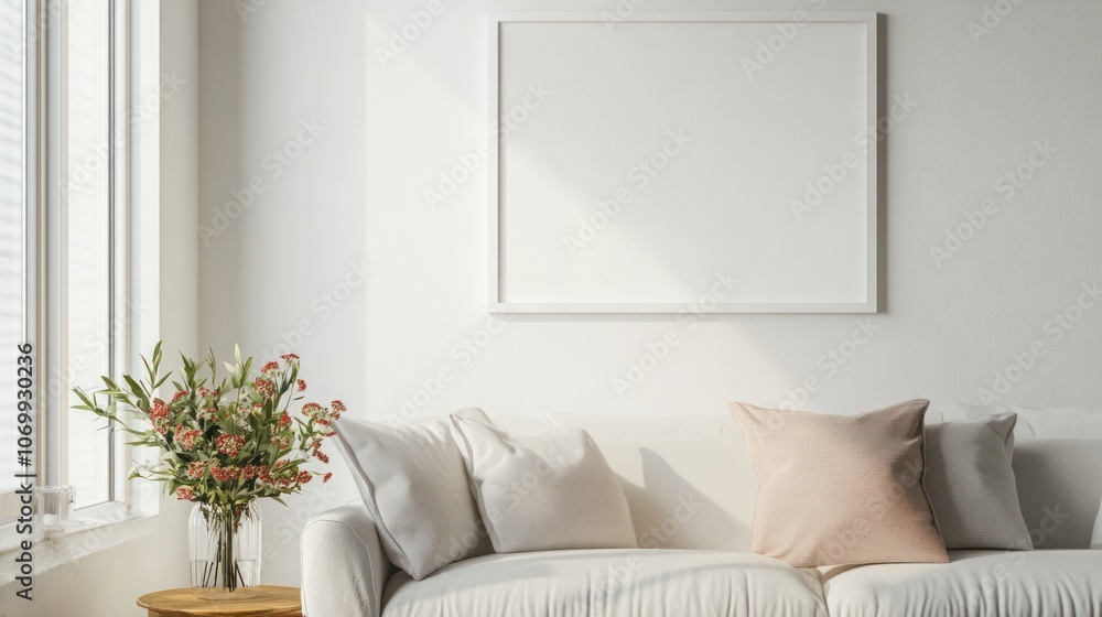 Fototapeta premium Minimalist Living Room with White Sofa and Flowers